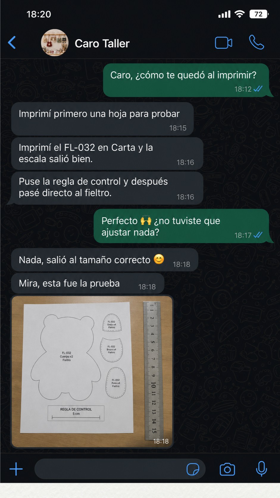 Conversación real: el molde FL-032 salió en tamaño Carta con la escala correcta