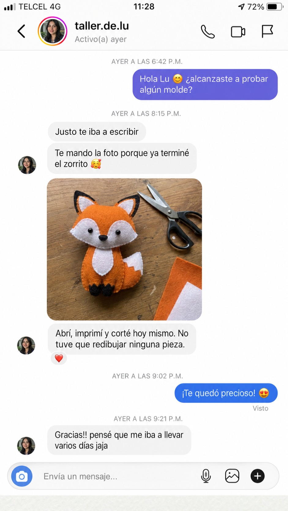 Conversación real con foto del zorrito de fieltro terminado el mismo día