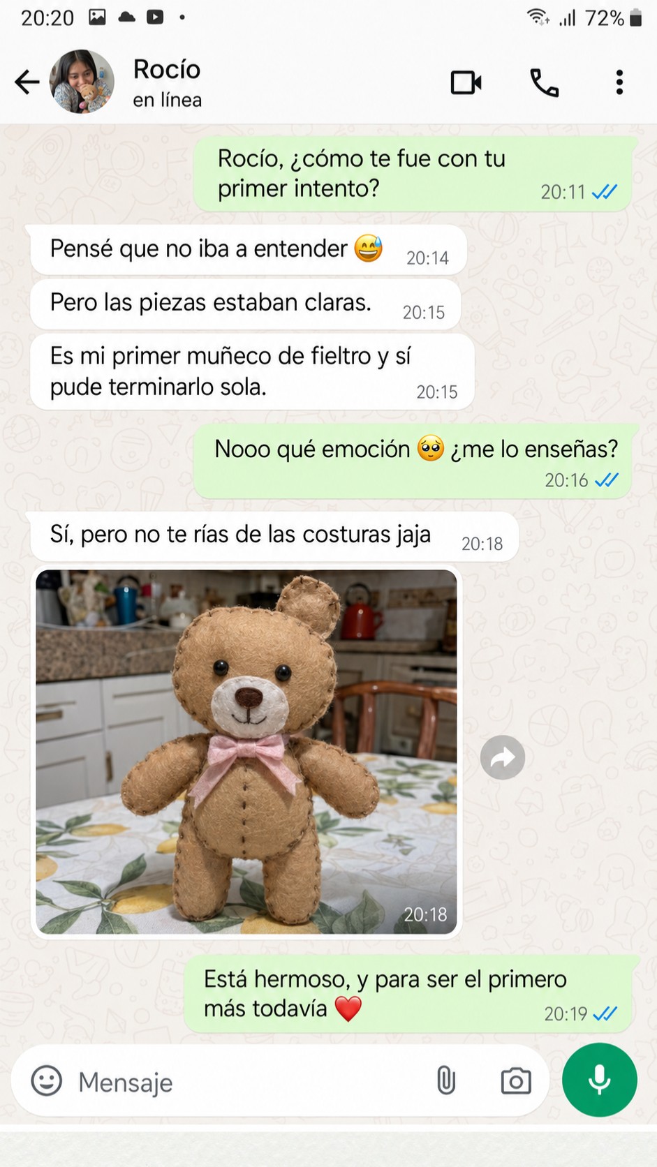 Conversación real de una principiante que terminó su primer osito de fieltro