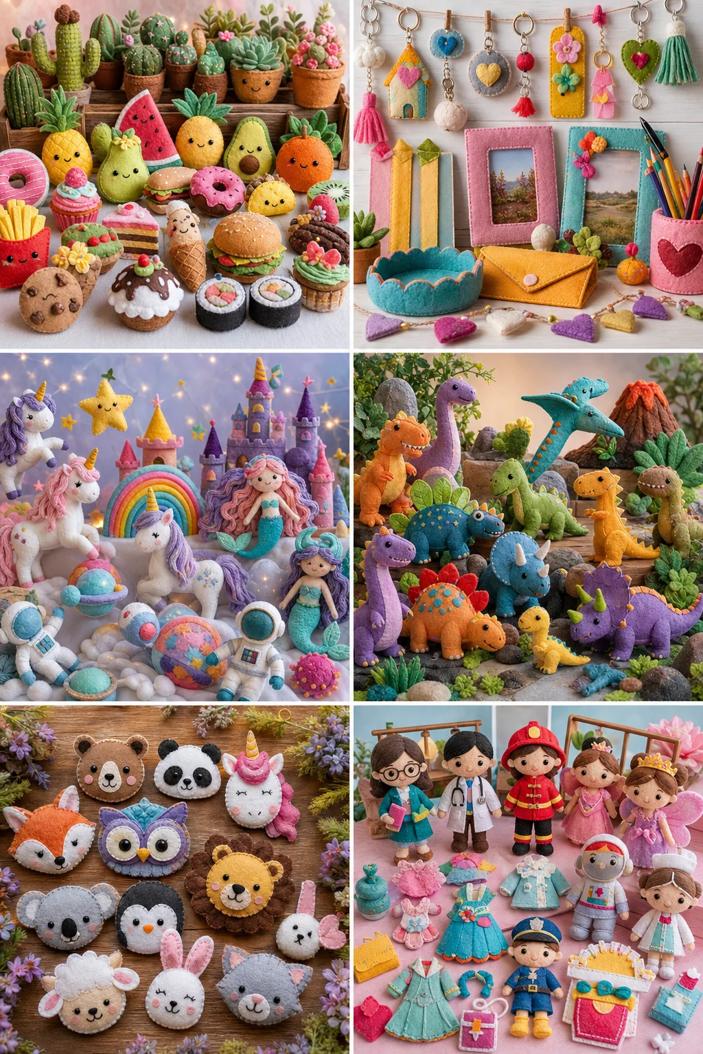 Comidas kawaii, hogar, fantasía, dinosaurios, toppers y profesiones hechos en fieltro