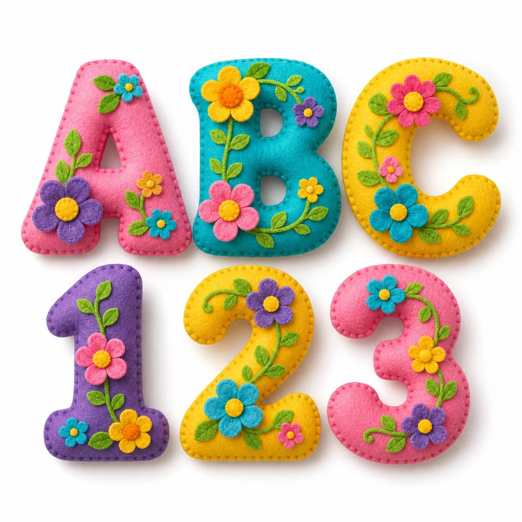 Letras y números decorativos terminados en fieltro