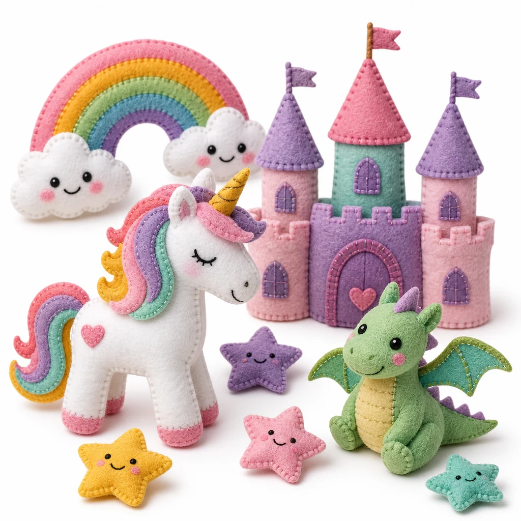 Unicornio, arcoíris y castillo terminados en fieltro